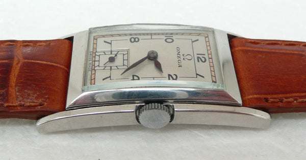 (Reserved) Rare Omega Marine Deco Rectangular Tonneau Pupitre Wristwatch in Staybrite Case Circa 1934