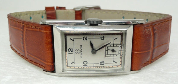 (Reserved) Rare Omega Marine Deco Rectangular Tonneau Pupitre Wristwatch in Staybrite Case Circa 1934