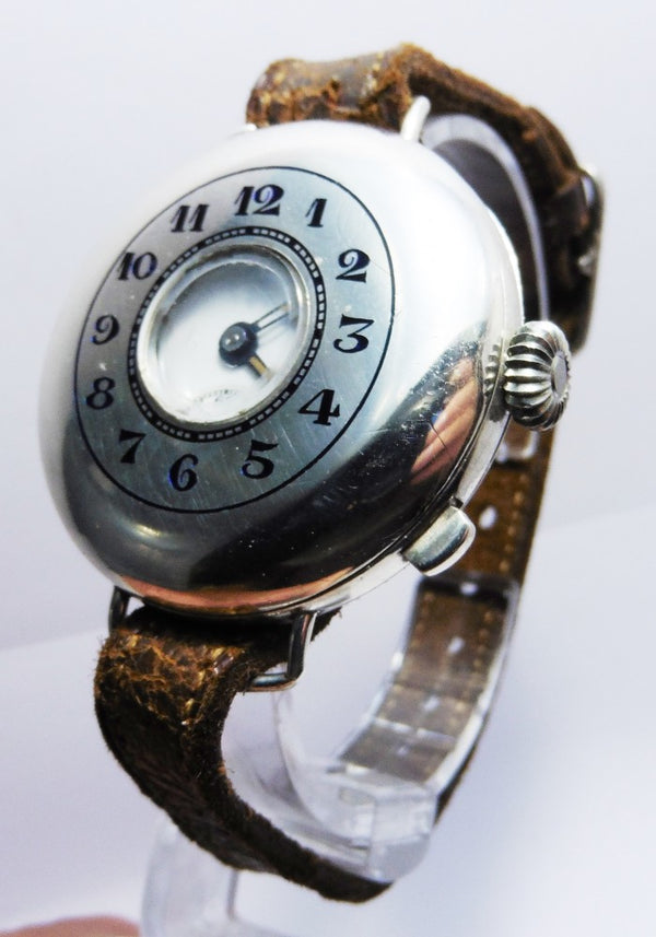 Half Hunter Trench Style Wristwatch in Silver with Original Strap and Buckle Circa 1920s