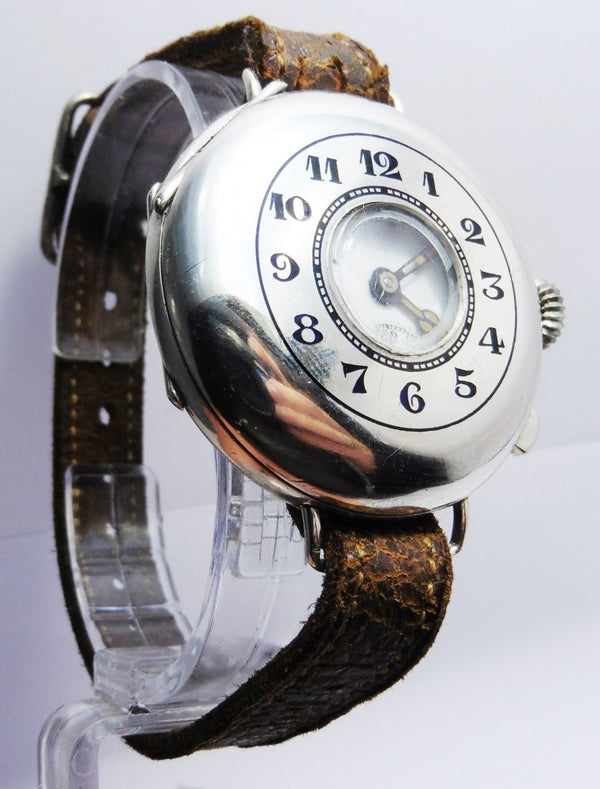 Half Hunter Trench Style Wristwatch in Silver with Original Strap and Buckle Circa 1920s