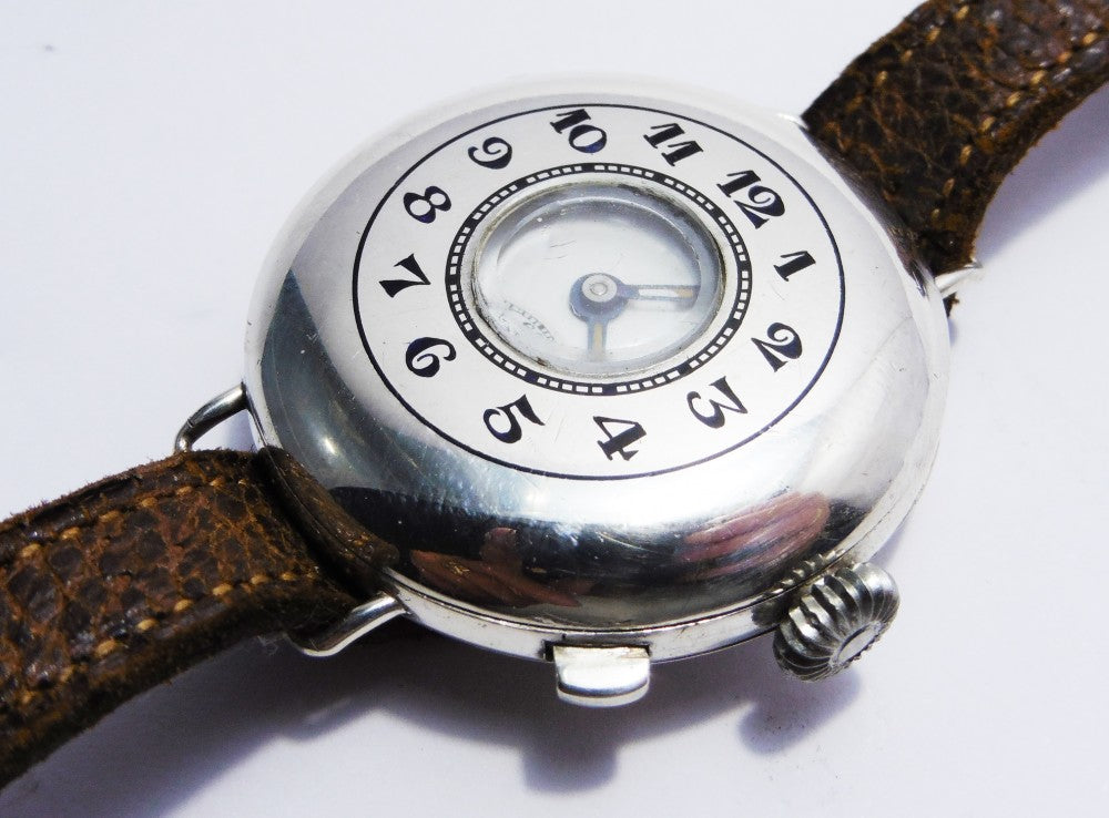Half Hunter Trench Style Wristwatch in Silver with Original Strap and Buckle Circa 1920s