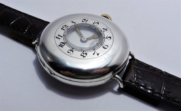 Half Hunter Trench Style Wristwatch in Silver with Original Strap and Buckle Circa 1920s