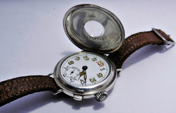 Half Hunter Trench Style Wristwatch in Silver with Original Strap and Buckle Circa 1920s