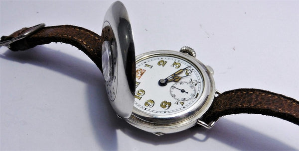 Half Hunter Trench Style Wristwatch in Silver with Original Strap and Buckle Circa 1920s