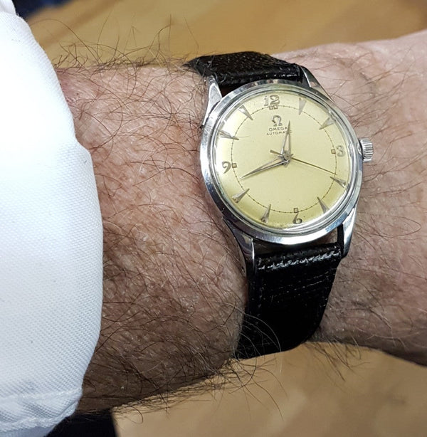 1950 Omega Bumper Automatic with Patina Dial Model 2635 in Stainless Steel