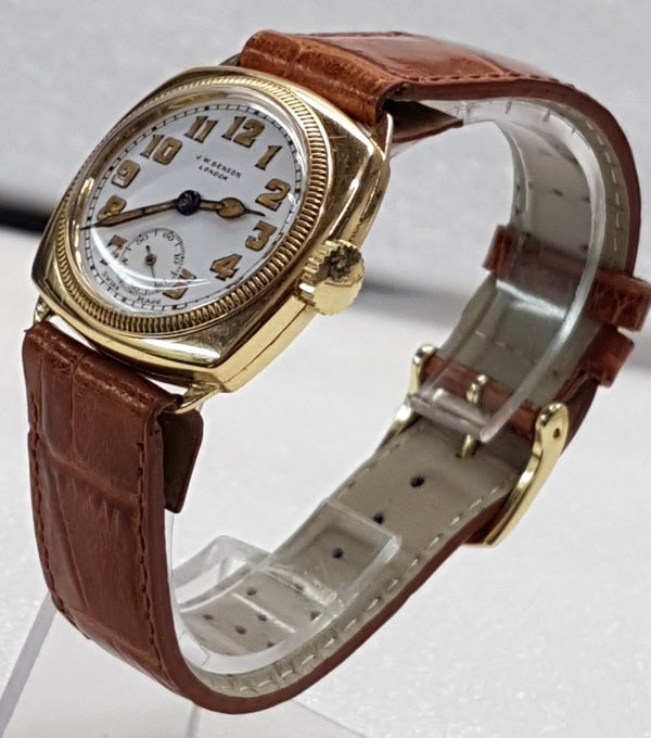 JW Benson Submarine Watch with Enamel Dial and Arabic Numerals in 18ct Gold Cushion Case Circa 1930s