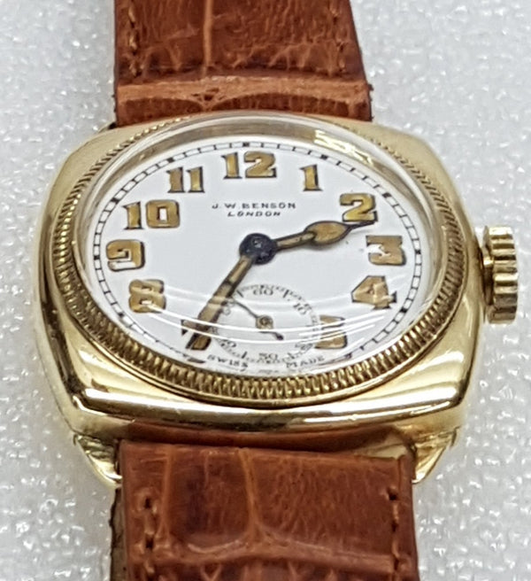 JW Benson Submarine Watch with Enamel Dial and Arabic Numerals in 18ct Gold Cushion Case Circa 1930s