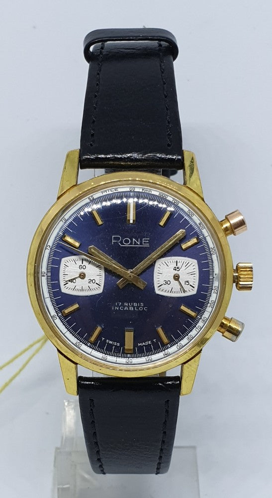 1970s Rone Valjoux Chronograph with Blue Dial in Gold Plate