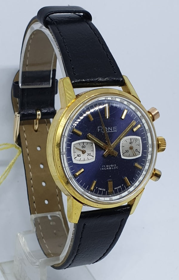 1970s Rone Valjoux Chronograph with Blue Dial in Gold Plate