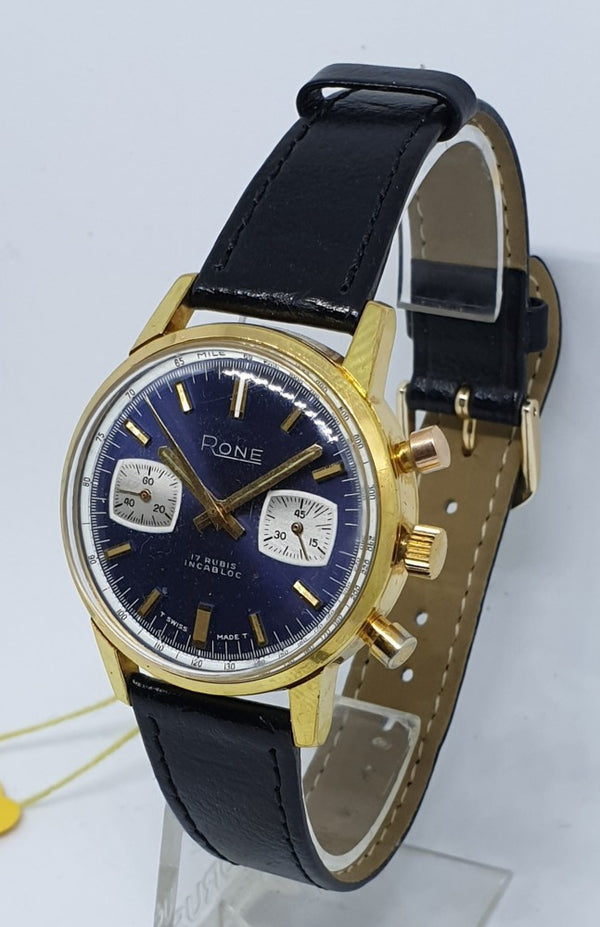 1970s Rone Valjoux Chronograph with Blue Dial in Gold Plate