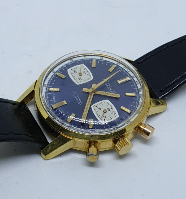 1970s Rone Valjoux Chronograph with Blue Dial in Gold Plate