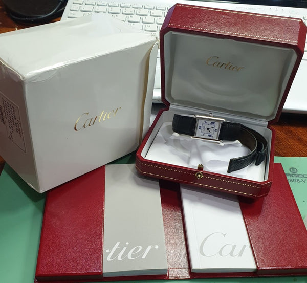Cartier Tank in Sterling Silver 925 with Deployment Clasp and Box and Papers Model 2416 Circa 2004