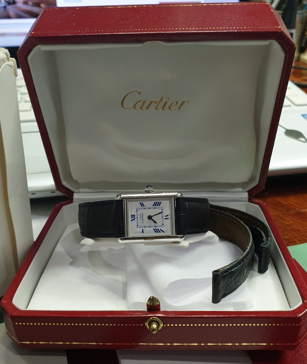 Cartier Tank in Sterling Silver 925 with Deployment Clasp and Box and Papers Model 2416 Circa 2004