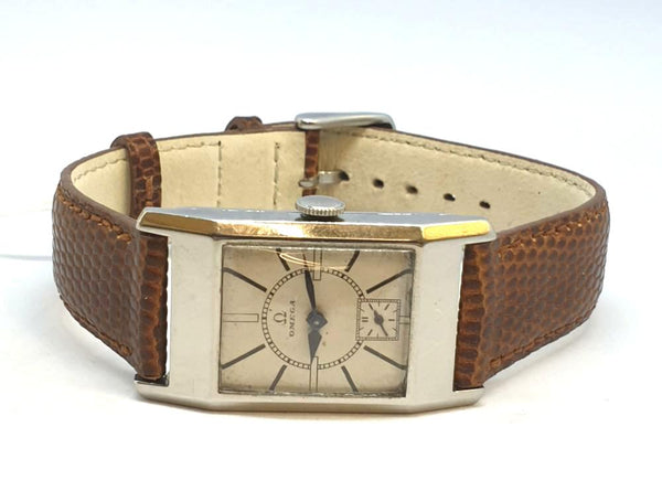 Omega Deco Style Tank Wristwatch Caliber 20F in Stainless Steel Case with Sunrise Dial Circa 1934
