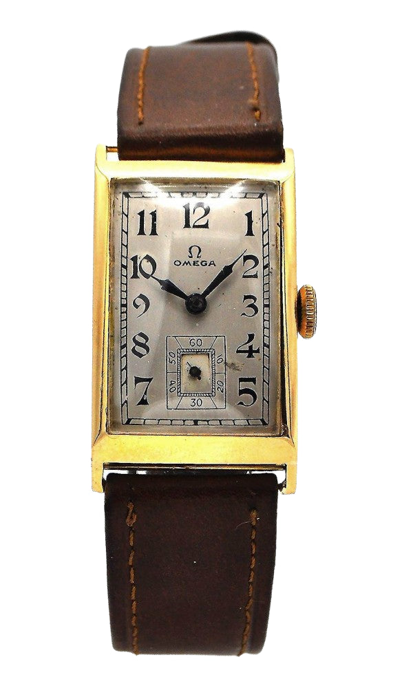 1936 Omega Art Deco Style Rectangular Watch with Arabic Dial in 18ct Gold with Rare Cal. 20F