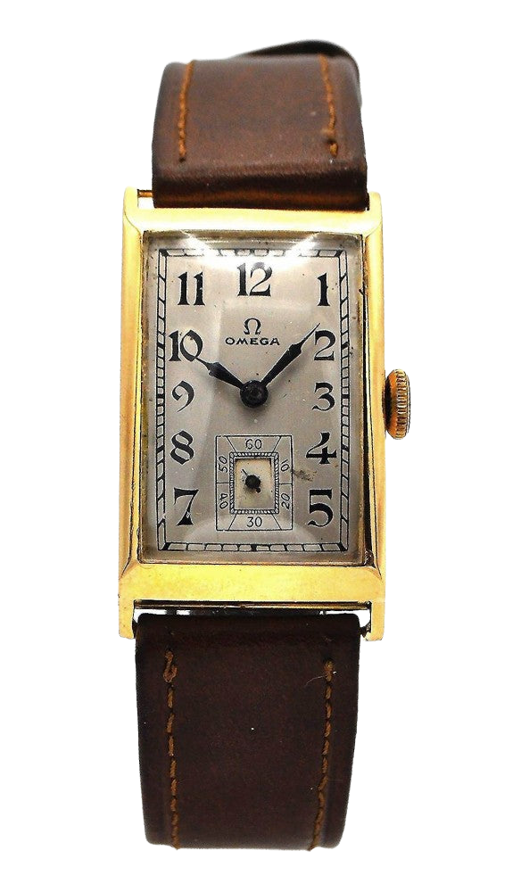 1936 Omega Art Deco Style Rectangular Watch with Arabic Dial in 18ct Gold with Rare Cal. 20F