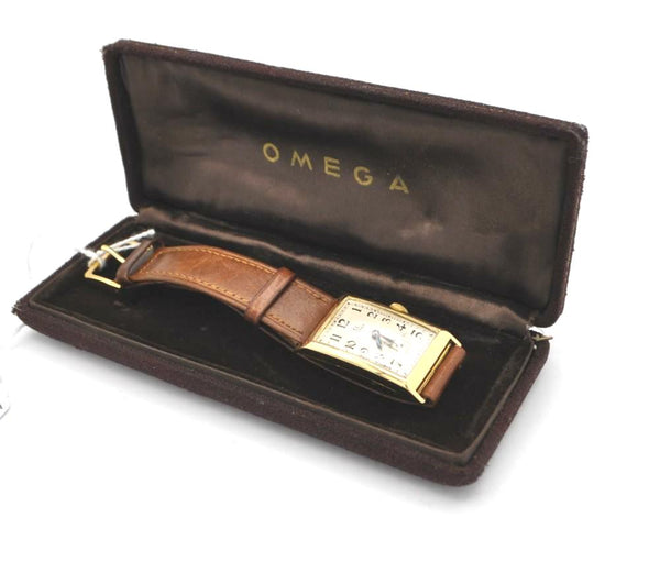 1936 Omega Art Deco Style Rectangular Watch with Arabic Dial in 18ct Gold with Rare Cal. 20F