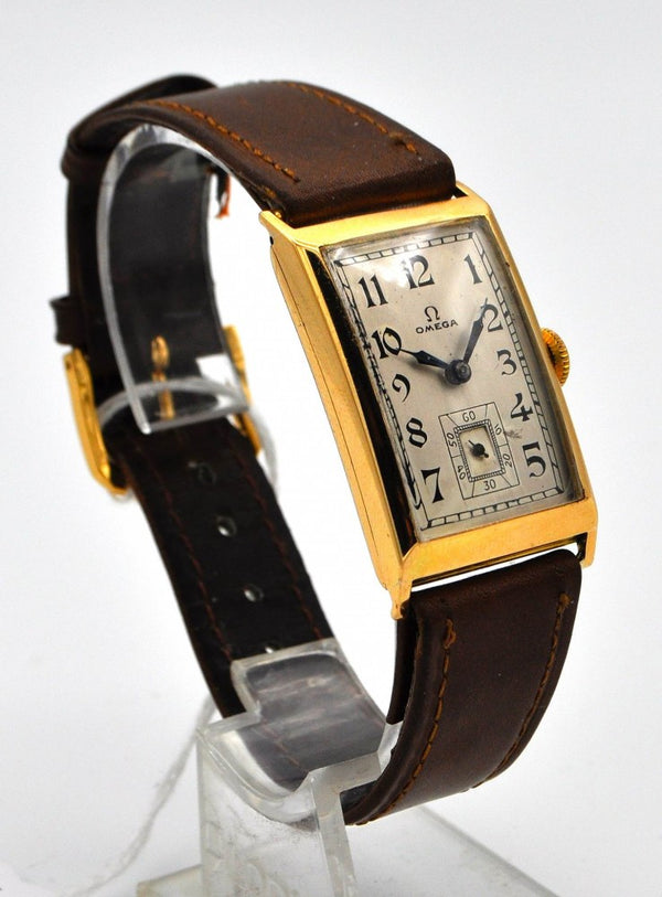 1936 Omega Art Deco Style Rectangular Watch with Arabic Dial in 18ct Gold with Rare Cal. 20F