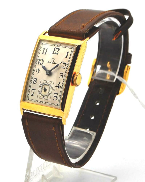 1936 Omega Art Deco Style Rectangular Watch with Arabic Dial in 18ct Gold with Rare Cal. 20F
