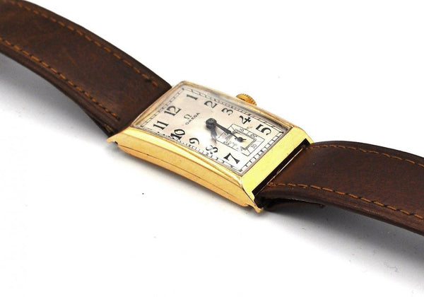 1936 Omega Art Deco Style Rectangular Watch with Arabic Dial in 18ct Gold with Rare Cal. 20F