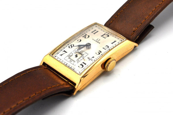 1936 Omega Art Deco Style Rectangular Watch with Arabic Dial in 18ct Gold with Rare Cal. 20F