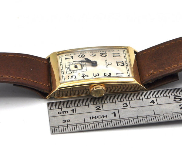 1936 Omega Art Deco Style Rectangular Watch with Arabic Dial in 18ct Gold with Rare Cal. 20F