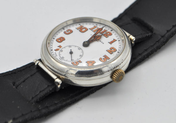 1928 JW Benson London Trench Style Screw Back and Front Silver Dennison Case with Cyma Tavannes Movement