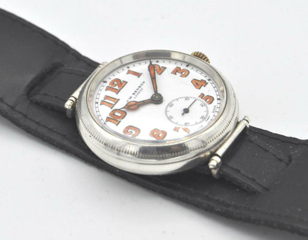 1928 JW Benson London Trench Style Screw Back and Front Silver Dennison Case with Cyma Tavannes Movement