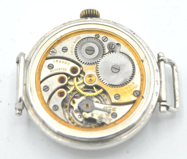 1928 JW Benson London Trench Style Screw Back and Front Silver Dennison Case with Cyma Tavannes Movement