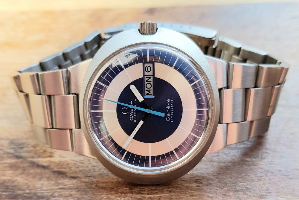 Omega Dynamic Automatic Day Date with Two Tone Silver and Blue Bullseye Dial in Stainless Steel on Bracelet 1969