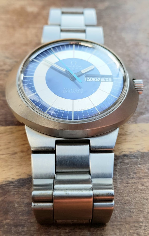Omega Dynamic Automatic Day Date with Two Tone Silver and Blue Bullseye Dial in Stainless Steel on Bracelet 1969