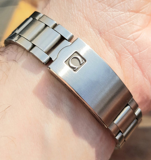 Omega Dynamic Automatic Day Date with Two Tone Silver and Blue Bullseye Dial in Stainless Steel on Bracelet 1969