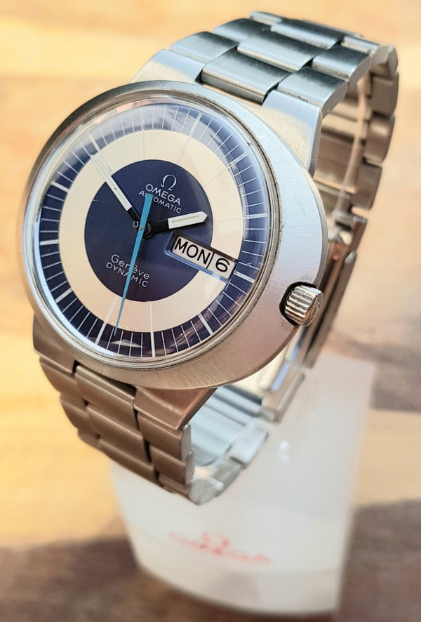 Omega Dynamic Automatic Day Date with Two Tone Silver and Blue Bullseye Dial in Stainless Steel on Bracelet 1969