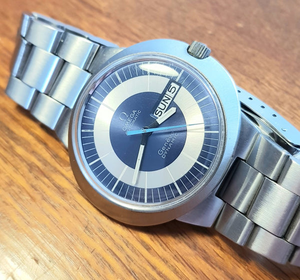 Omega Dynamic Automatic Day Date with Two Tone Silver and Blue Bullseye Dial in Stainless Steel on Bracelet 1969