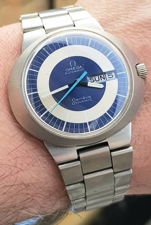 Omega Dynamic Automatic Day Date with Two Tone Silver and Blue Bullseye Dial in Stainless Steel on Bracelet 1969