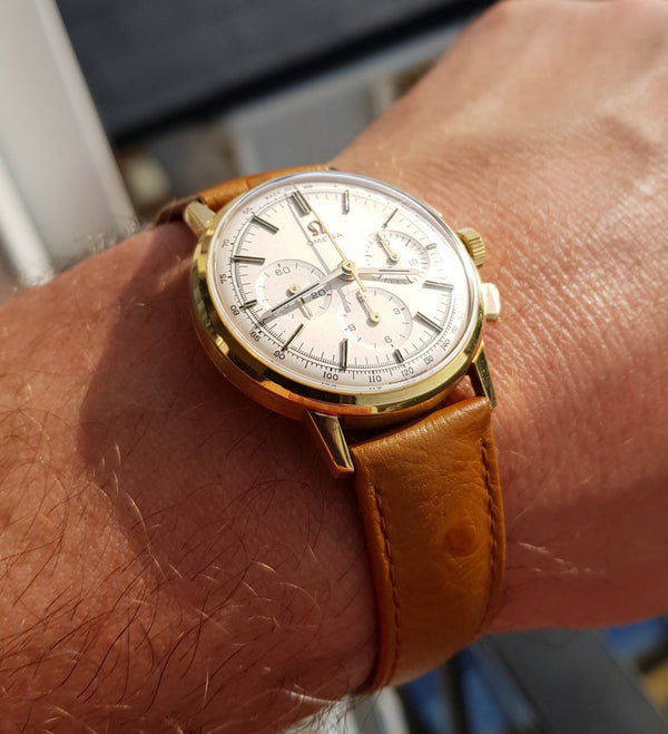 1963 Rare Omega Chronograph in 18ct Gold Model 101.010.63 with Omega Buckle and Box