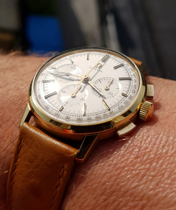 1963 Rare Omega Chronograph in 18ct Gold Model 101.010.63 with Omega Buckle and Box