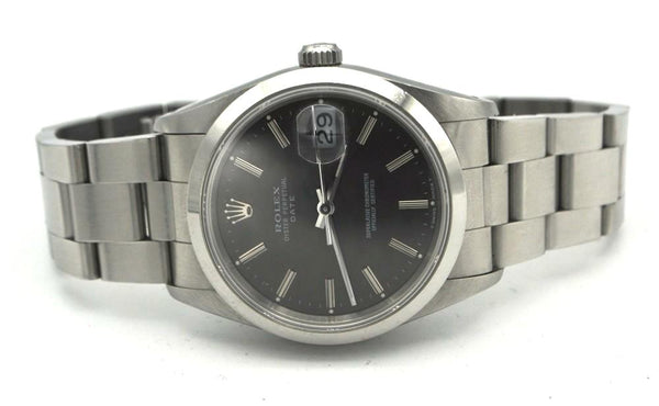 Rolex Oyster Perpetual Date with Charcoal Grey Dial in Stainless Steel Model 15200 with Box and Papers Dated 1990