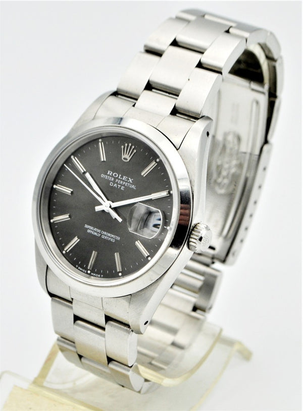 Rolex Oyster Perpetual Date with Charcoal Grey Dial in Stainless Steel Model 15200 with Box and Papers Dated 1990