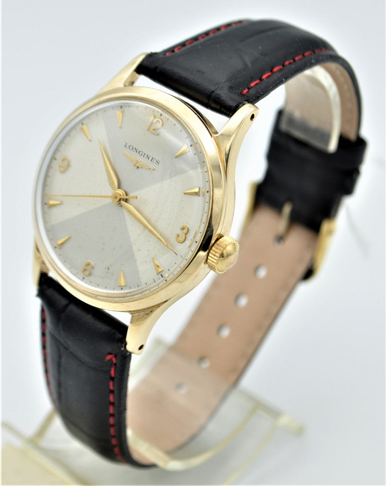Longines 9ct Gold Dress Watch Model 13322 with Rare Hourglass Dial and Original Box Circa 1957