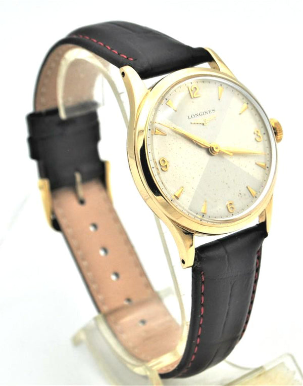 Longines 9ct Gold Dress Watch Model 13322 with Rare Hourglass Dial and Original Box Circa 1957