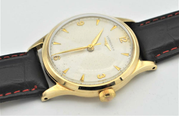 Longines 9ct Gold Dress Watch Model 13322 with Rare Hourglass Dial and Original Box Circa 1957