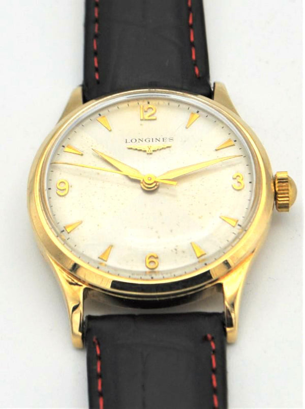 Longines 9ct Gold Dress Watch Model 13322 with Rare Hourglass Dial and Original Box Circa 1957