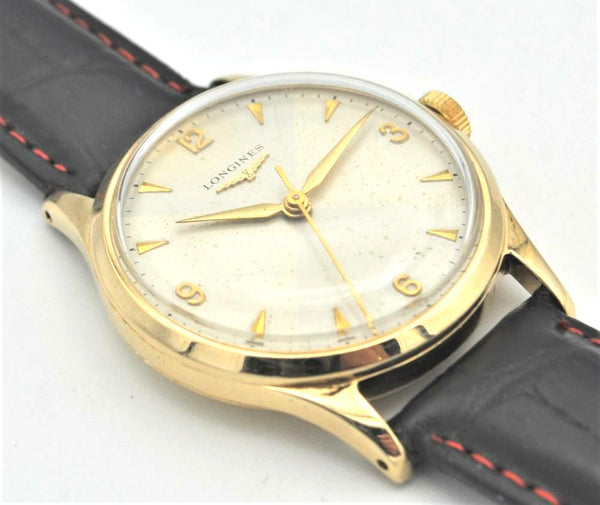 Longines 9ct Gold Dress Watch Model 13322 with Rare Hourglass Dial and Original Box Circa 1957