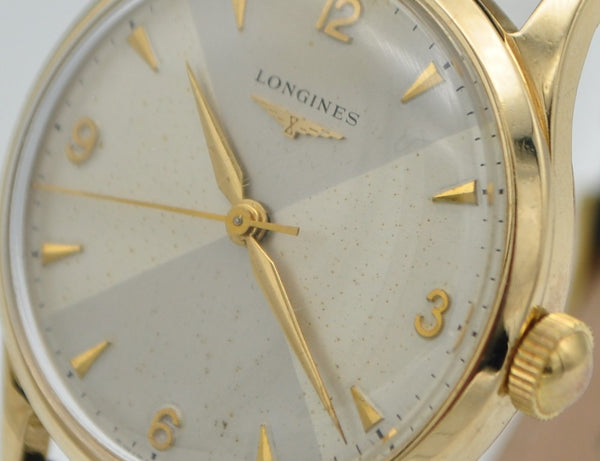 Longines 9ct Gold Dress Watch Model 13322 with Rare Hourglass Dial and Original Box Circa 1957