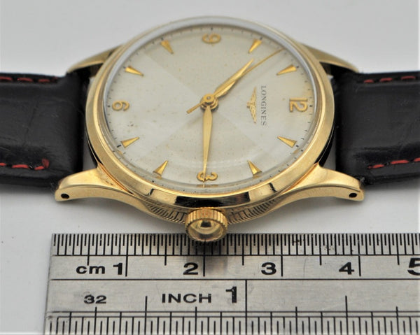 Longines 9ct Gold Dress Watch Model 13322 with Rare Hourglass Dial and Original Box Circa 1957