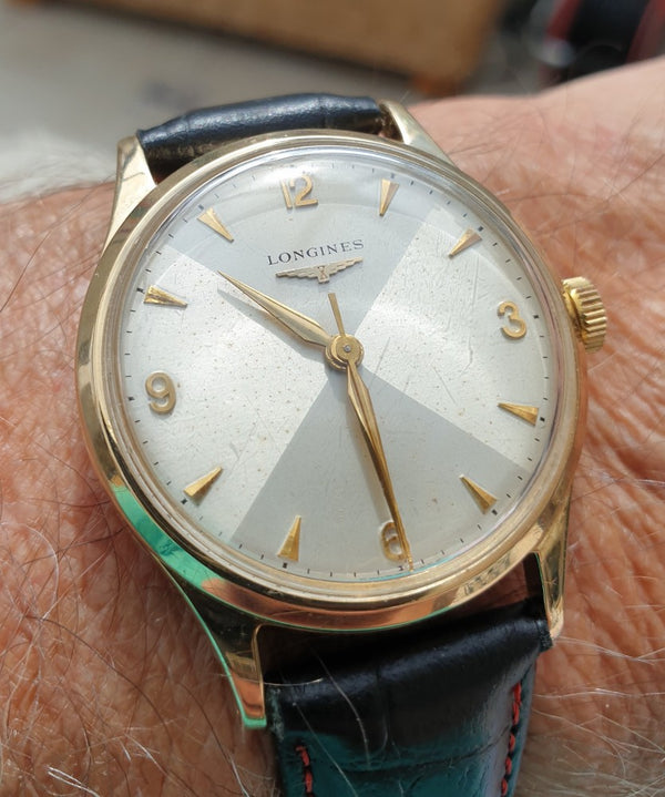 Longines 9ct Gold Dress Watch Model 13322 with Rare Hourglass Dial and Original Box Circa 1957