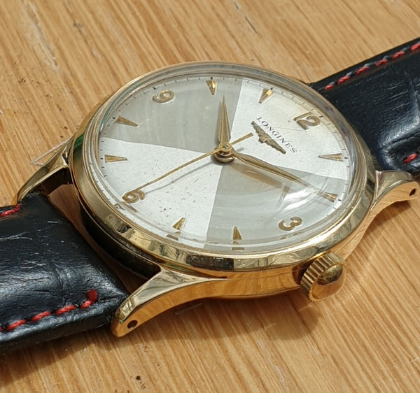 Longines 9ct Gold Dress Watch Model 13322 with Rare Hourglass Dial and Original Box Circa 1957