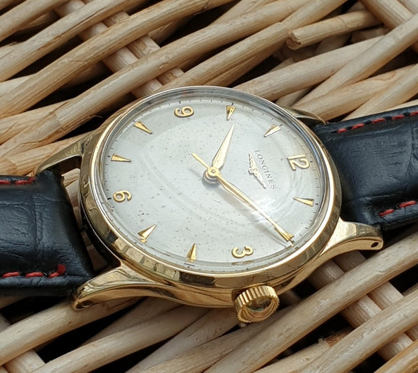 Longines 9ct Gold Dress Watch Model 13322 with Rare Hourglass Dial and Original Box Circa 1957