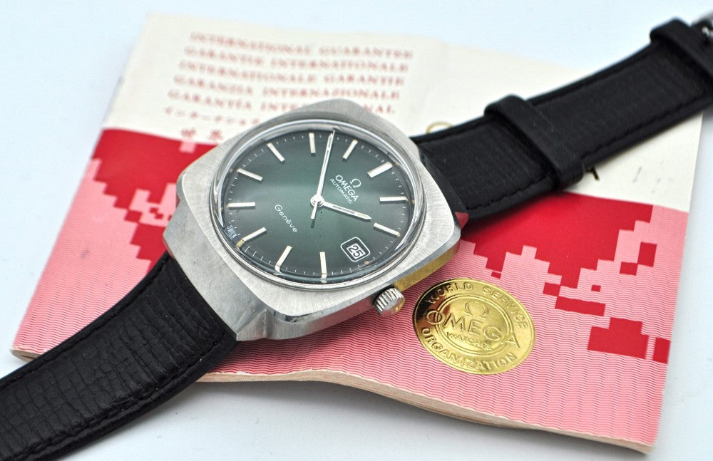 1978 Omega Geneve Automatic Date Model 166.0164 with Green Dial in Stainless Steel with Papers